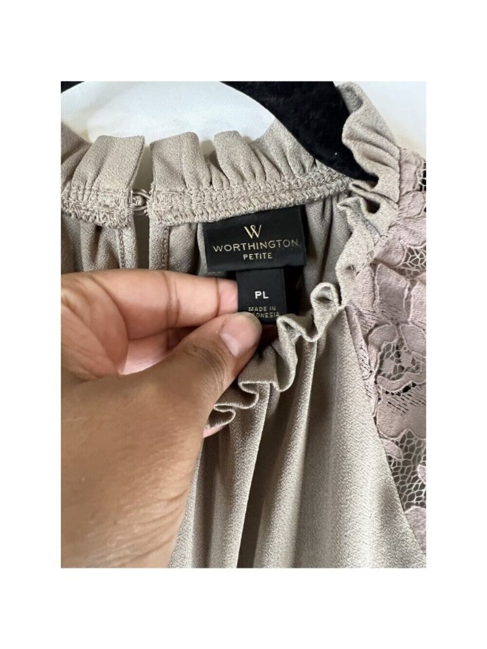 Worthington Taupe Lace Sleeve High Neck Blouse Womens  Size PL - Picture 3 of 4